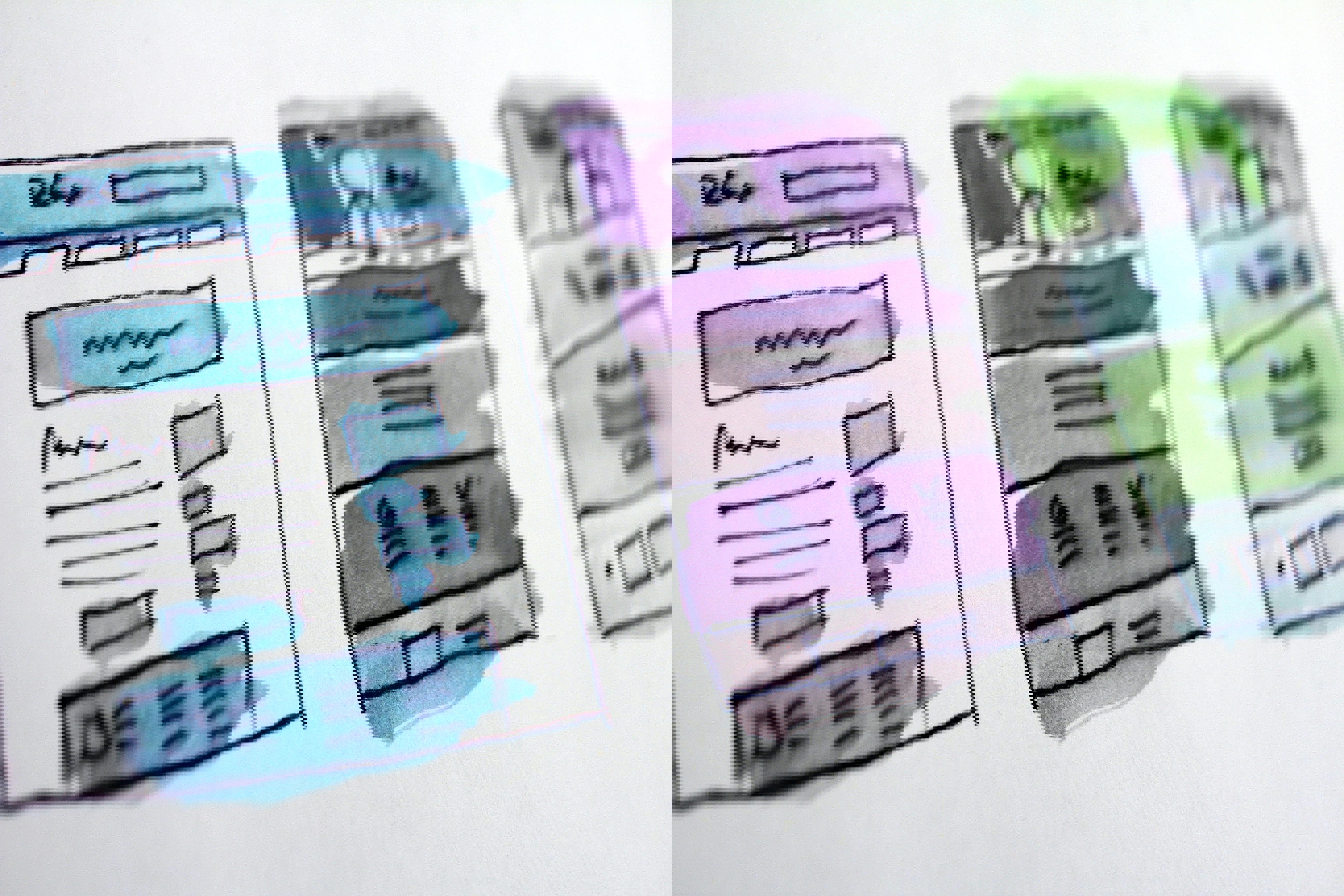 Watercolor drawing of mockup screens